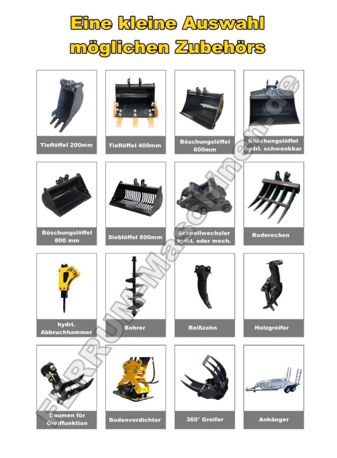 Minibagger kaufen - CT-12E Auswahl möglicher Anbaugeräte Minibagger kaufen - CT-12E Auswahl möglicher Anbaugeräte